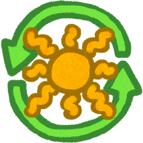  two green arrows forming a circle. inside the arrows is a yellow sun